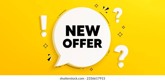 Neues Angebot-Tag. Chatten Sie ein Banner mit Fragen. Sonderpreis-Schild. Symbol für Werberabatte. Neue Angebot Sprechblase-Nachricht. Quiz Chat-Box. Vektorgrafik