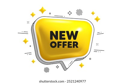 Nova etiqueta de oferta. Ícone de balão de fala 3d de bate-papo. Sinal de preço especial. Símbolo de Descontos publicitários. Nova mensagem de chat da oferta. Faixa de balão de fala com listras. Balão de texto amarelo. Vetor