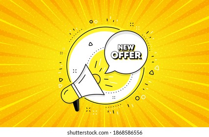 New offer. Yellow vector button with megaphone. Special price sign. Advertising Discounts symbol. New offer line icon. Abstract yellow background. Vector