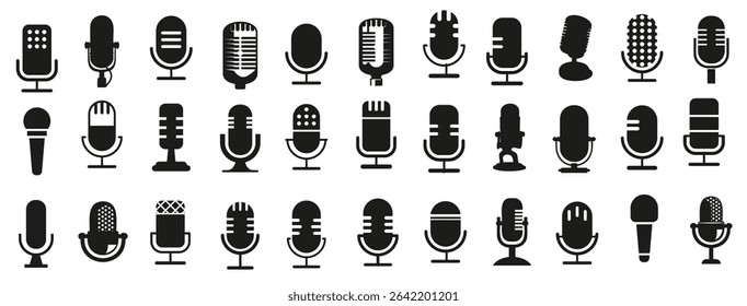 New and old microphone icons. Microphone symbol collection. Set of black microphone icons