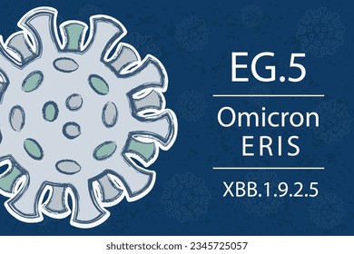 Eine neue Omicron Variante EG.5 alias XBB.1.9.2.5. Auch bekannt als Eris. Weißer Text auf dunkelblauem Hintergrund mit Bild von Coronavirus.