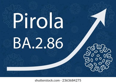 A new Omicron variant Pirola (BA.2.86). The arrow shows a dramatic increase in disease. White text on dark blue background with images of coronavirus.