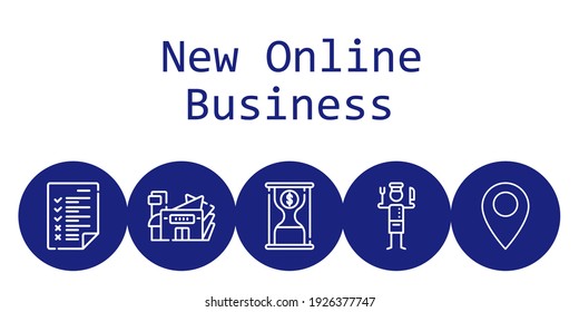 new online business background concept with new online business icons. Icons related pin, mall, time is money, chef, tasks