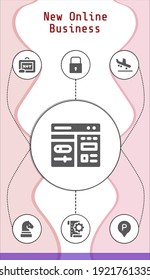 new online business editable infographic template with icons of Chess, Cms, Parking, Planning, Arrival, Blackboard, Lock