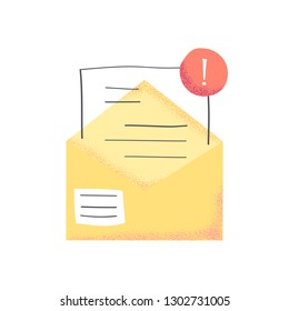 New open mail envelope, inbox message, letter, newsletter or document with red notification alert. Modern trendy colorful vector in flat design.