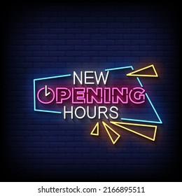 New Opening Hours Neon Sign On Brick Wall Background Vector