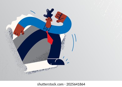 New opportunities and business development concept. Young black businessman in tie running from torn paper to freedom vector illustration 
