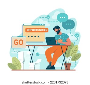 New opportunities. New business ideas or decisions. Character looking into the future. Outlook, forecast or visionary. Flat vector illustration