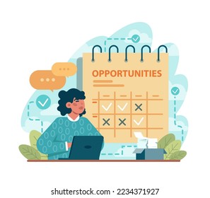 New opportunities. New business ideas or decisions. Character looking into the future. Outlook, forecast or visionary. Flat vector illustration