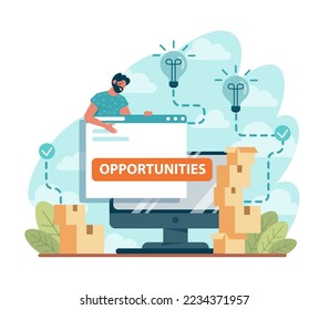 New opportunities. New business ideas or decisions. Character looking into the future. Outlook, forecast or visionary. Flat vector illustration
