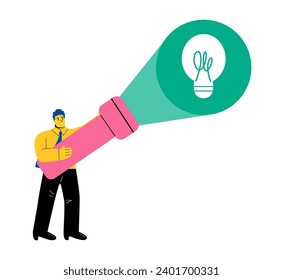 New opportunities. Business man with flashlight looking for a light bulb. Flat vector illustration isolated on white background
