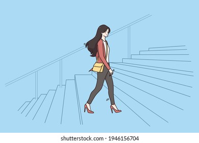 New opportunities, business success, office concept. Young smiling business woman walking up ladder feeling confident going to office vector illustration 