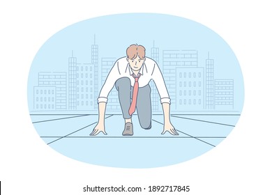 New opportunities, challenge, startup concept. Young confident businessman cartoon character sitting and ready to start for new business goals and targets vector illustration. Competition race win