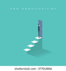 New opportunities concept vector background with businessman standing in front of door on top of stairs. Career ladder conceptual illustration. Eps10 vector illustration.