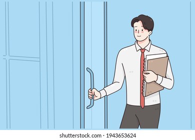 New opportunities, confidence, business success concept. Young smiling businessman office worker opening door on office feeling confident going to meeting or interview vector illustration 