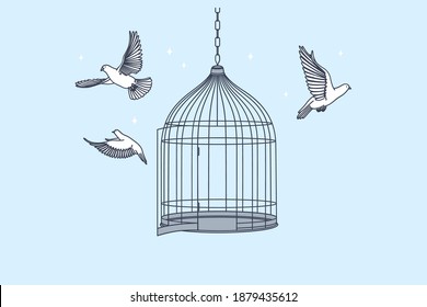 New opportunities, freedom, mental development concept. Open cage with flying from inside doves birds meaning getting freedom of mind and body illustration 