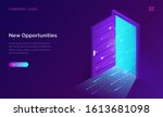 New opportunities isometric landing page. Binary digital code coming through open door on neon glowing futuristic background. New technologies coming to human life, high-tech 3d vector illustration