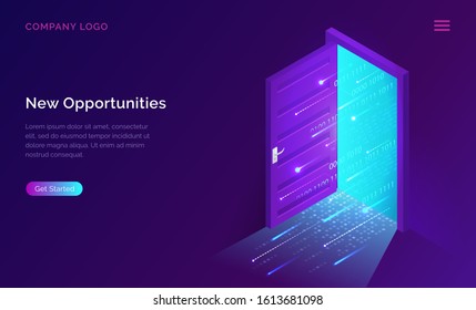 New opportunities isometric landing page. Binary digital code coming through open door on neon glowing futuristic background. New technologies coming to human life, high-tech 3d vector illustration