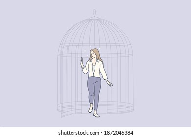 New opportunities, mental development, freedom concept. Young woman cartoon character making step out of cage and releasing herself from confined space getting freedom of mind illustration 