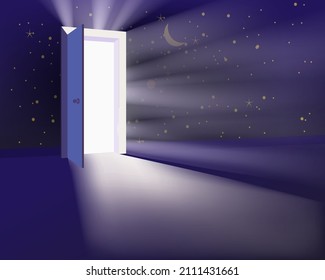 New opportunities, Open Door in universe, abstract mystical light, galaxy stars. Imagination insparation, outer space opening a door to the unknown future. Vector illustration