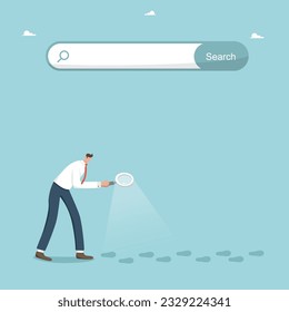 New opportunities, openness to new knowledge or science, search for the necessary information or work, search engine optimization, main web page of the site, man follows the footsteps under search bar