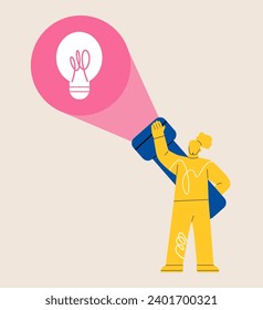 New opportunities. Woman with flashlight looking for a light bulb. Colorful vector illustration
