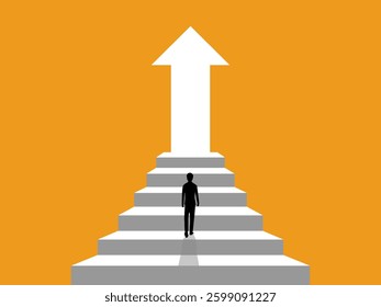 New Opportunity, Businessman Walks Up Stairs Finds Exit Door Arrow Pointing Up