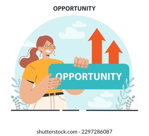 New opportunity concept. New business ideas or decisions. Female character looking into the future for new challenges. Success outlook, ambition and inspiration. Flat vector illustration