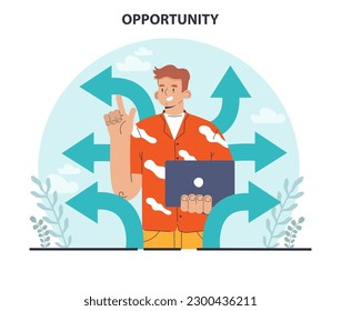 New opportunity concept. New business ideas or decisions. Male character looking into the future for new challenges. Success outlook, ambition and inspiration. Flat vector illustration