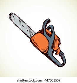 New orange hacksaw device gear for wood timber workers isolated on white background. Freehand color hand drawn picture sketchy in scribble style. Closeup view with space for text