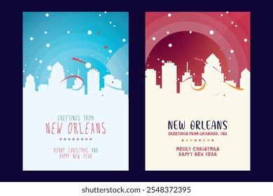 New Orleans Christmas poster with skyline, cityscape. Winter USA Louisiana state holiday, New Year vector brochure, website, flyer, leaflet, card layout