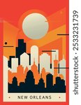 New Orleans city brutalism poster with abstract skyline, cityscape. USA Louisiana state retro vector illustration. US travel front cover, brochure, flyer, leaflet, presentation template, layout image