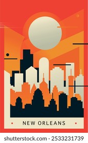 New Orleans city brutalism poster with abstract skyline, cityscape. USA Louisiana state retro vector illustration. US travel front cover, brochure, flyer, leaflet, presentation template, layout image