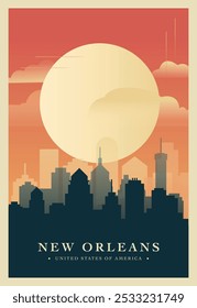 Nuevo cartel de brutalismo de la ciudad de Orleans con horizonte abstracto, paisaje urbano. ILUSTRACIÓN VECTORIAL retro del estado de Luisiana. Portada de viaje de EE.UU., folleto, folleto, folleto, Plantilla de presentación, Imagen de diseño