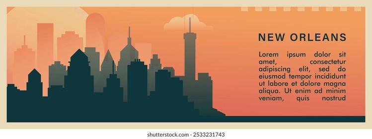 Nueva ciudad de Orleans brutalismo Vector Anuncio con horizonte, paisaje urbano. Ilustración Horizontal retro del estado de Luisiana. Estados Unidos de América diseño de viaje para presentación de Web, encabezado, pie de página