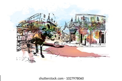 New Orleans City in Louisiana, USA. Watercolor splash with Hand drawn sketch illustration in vector.