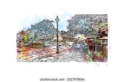 New Orleans City in Louisiana, USA. Watercolor splash with Hand drawn sketch illustration in vector.