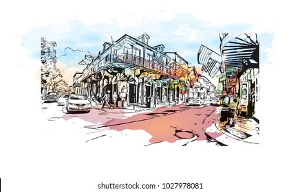 New Orleans City in Louisiana, USA. Watercolor splash with Hand drawn sketch illustration in vector.