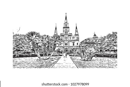 New Orleans City in Louisiana, USA. Hand drawn sketch illustration in vector.