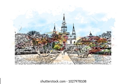 New Orleans City in Louisiana, USA. Watercolor splash with Hand drawn sketch illustration in vector.