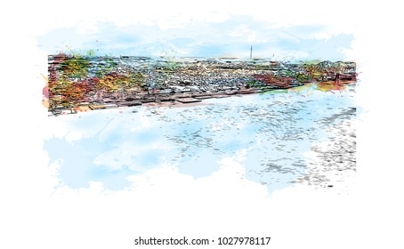 New Orleans City in Louisiana, USA. Watercolor splash with Hand drawn sketch illustration in vector.