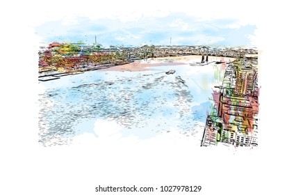 New Orleans City in Louisiana, USA. Watercolor splash with Hand drawn sketch illustration in vector.