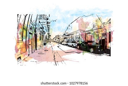 New Orleans City in Louisiana, USA. Watercolor splash with Hand drawn sketch illustration in vector.