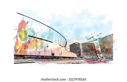 New Orleans City in Louisiana, USA. Watercolor splash with Hand drawn sketch illustration in vector.