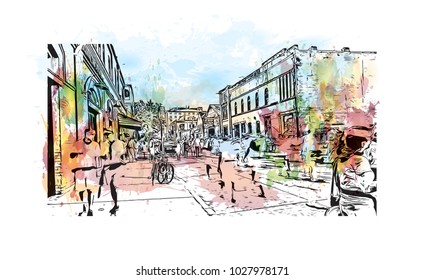 New Orleans City in Louisiana, USA. Watercolor splash with Hand drawn sketch illustration in vector.