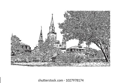 New Orleans City in Louisiana, USA. Hand drawn sketch illustration in vector.