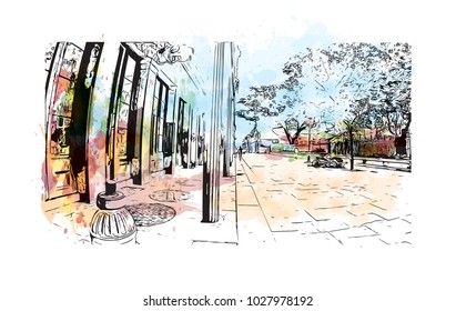 New Orleans City in Louisiana, USA. Watercolor splash with Hand drawn sketch illustration in vector.