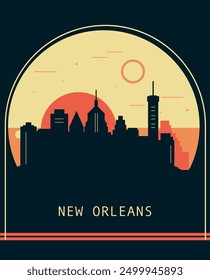 New Orleans city retro style poster with skyline, cityscape. USA Louisiana state vintage vector illustration. US front cover, brochure, flyer, leaflet template, layout image