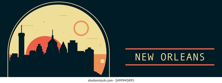 New Orleans city retro style vector banner with skyline, cityscape. USA Louisiana state vintage horizontal illustration. United States of America travel layout for web presentation, header, footer