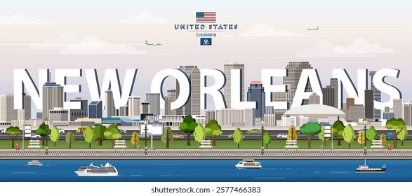 New Orleans city skyline colorful vector illustration. Travel poster